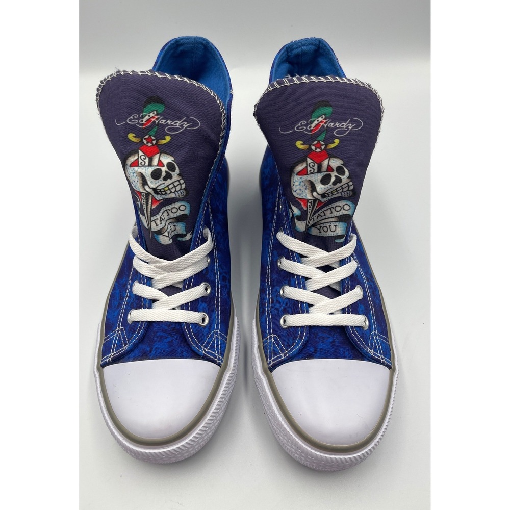 Ed Hardy High Top Sneakers Size 8 Blue Tattoo Skull Graphic‎ Y2K Lace Up Shoes